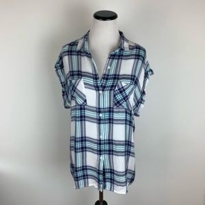 Rails Plaid Button Down ShortSleeve Top Blue White